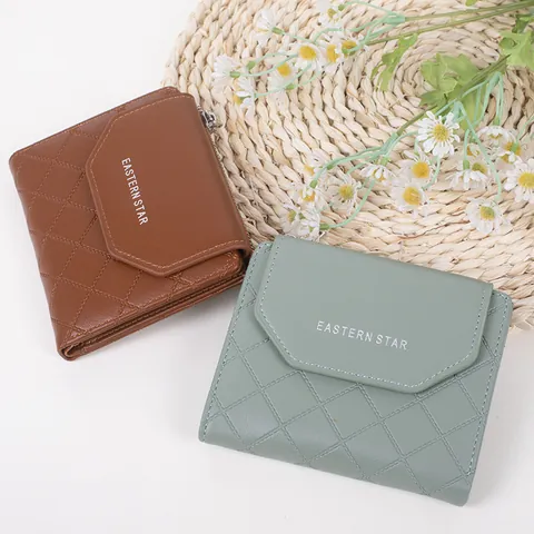 Women's Short PU Leather Wallet Quilted Pattern Triple Fold Purse With Zipper Coin Pocket Card Slots Daily Clutch For Lady
