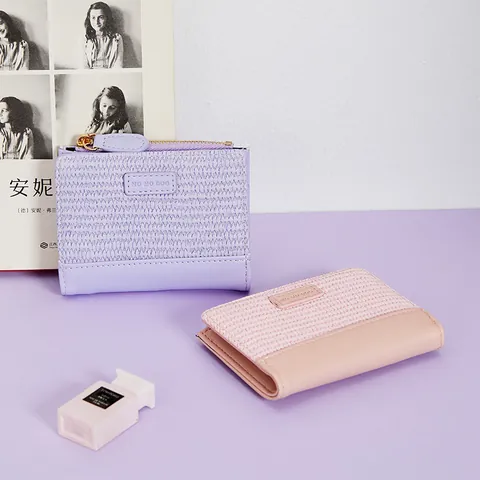 Portefeuille Court Minimaliste en Cuir PU Tissé pour Femmes Style Coréen Multi-Emplacements Cartes Porte-Monnaie Zippé Sac à Main