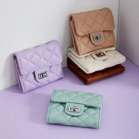 Women's Quilted Rhombus Small Wallet PU Leather Folding Card Holder With Metal Turn Lock Short Coin Purse Fashion Simple Handbag