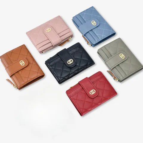 Women Fashion PU Leather Quilted Small Wallet With Double Ring Metal Decor Multi-functional Multi-slot Card Holder Zipper Coin Purse