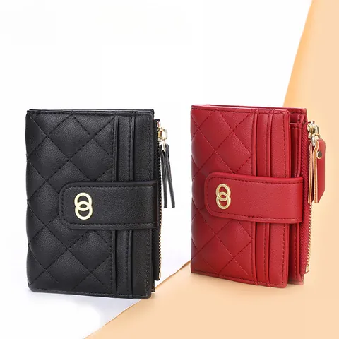 Women Fashion PU Leather Quilted Small Wallet With Double Ring Metal Decor Multi-functional Multi-slot Card Holder Zipper Coin Purse