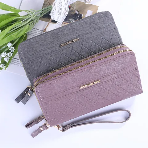Mode Damen Lange Brieftasche Clutch Tasche Doppelreißverschluss Gesteppt Rhombus Handy Geldbörse Handtasche Mit Handschlaufe
