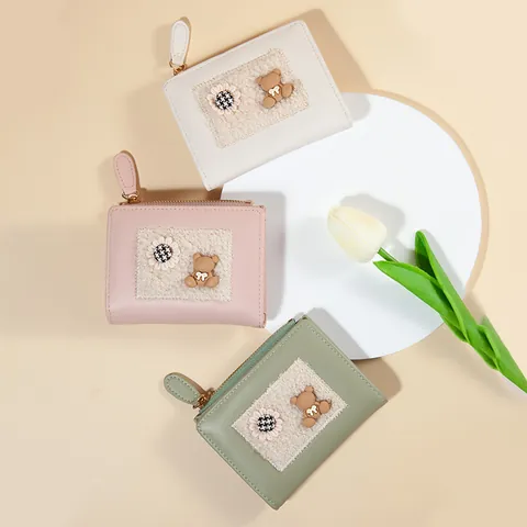 Women's Cute Cartoon Bear PU Leather Small Wallet Sweet Flower Plush Patch Zipper Coin Purse Mini Card Holder For Girls