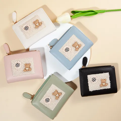 Women's Cute Cartoon Bear PU Leather Small Wallet Sweet Flower Plush Patch Zipper Coin Purse Mini Card Holder For Girls