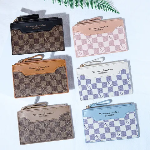 Checkerboard Zipper Card Holder Women PU Leather Slim Coin Purse Multi Slot Portable ID Credit Card Case Wallet
