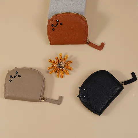 Simpatico Mini Portamonete a Gatto in Pelle PU Motivo Litchi Cerniera Porta Carte Portafoglio a Fisarmonica Ricamo Donna Bambini