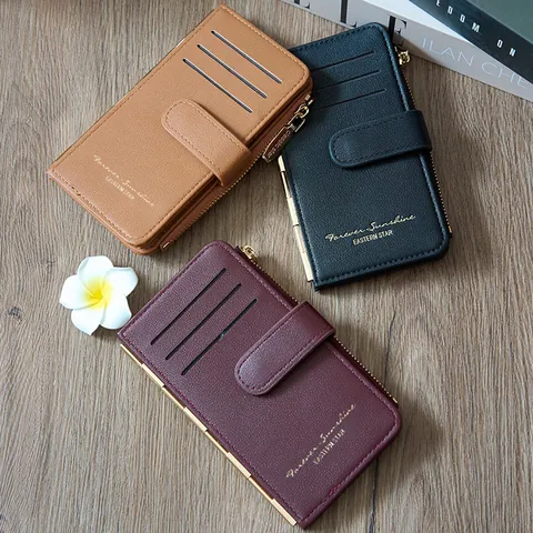 Fashion PU Leather Multi Slot Card Holder For Women Large Capacity Wallet With Zipper Coin Pocket Button Strap Daily Purse
