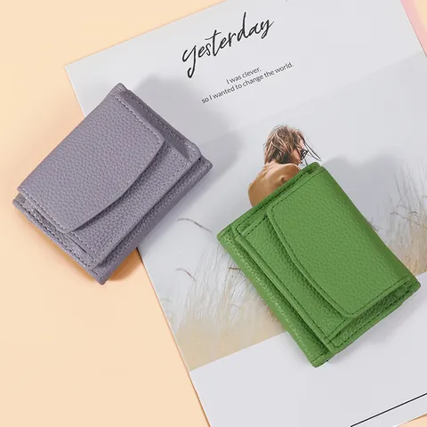 Portafoglio Donna Mini Trifold in Pelle PU Grana Litchi Portamonete Porta Carte Tinta Unita Piccola Borsa Tascabile Regalo