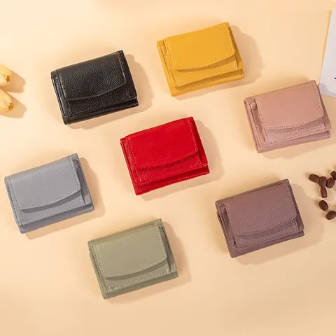 Portafoglio Donna Mini Trifold in Pelle PU Grana Litchi Portamonete Porta Carte Tinta Unita Piccola Borsa Tascabile Regalo