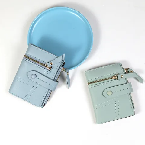 Portefeuille Femme Court Pliage en 2 en Cuir PU Minimaliste Couleur Unie Macaron Pochette à Fermeture Éclair Porte-Cartes Multifonctionnel Clutch