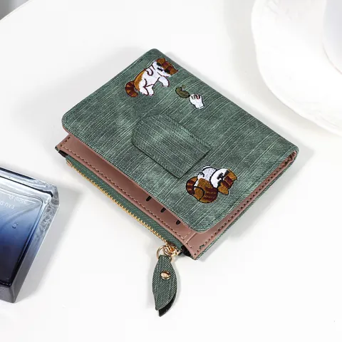 Cute Cat Embroidered Women Mini Wallet PU Leather Short Bi-Fold Purse With Zipper Coin Pocket Card Holder For Girls Daily