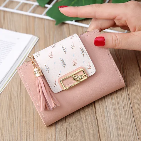 Damen Kurze PU-Leder Brieftasche Mit Blattmuster Mehrere Kartenfächer Mini Münzbörse Mit Quastenanhänger Urban Minimalistisch Bifold Wallet