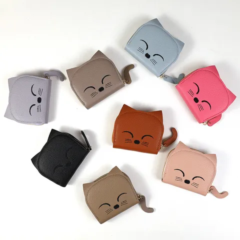 Lindo Monedero De Cuero PU Gato De Dibujos Animados Para Mujeres Dulce Bordado Cola Cremallera Pequeña Cartera Organizador De Tarjetas