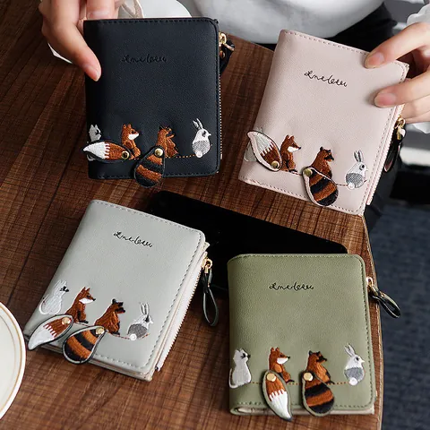 Women's Cute Cartoon Animal Embroidered Short Wallet PU Leather Zip Bifold Coin Purse With 3D Tail Pendant Card Holder