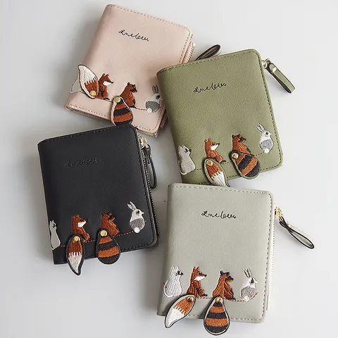 Women's Cute Cartoon Animal Embroidered Short Wallet PU Leather Zip Bifold Coin Purse With 3D Tail Pendant Card Holder