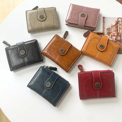 Women's Vintage PU Leather Short Wallet With Retro Daisy Metal Buckle Hollow Out Zipper Coin Purse Multi Card Slots Cardholder