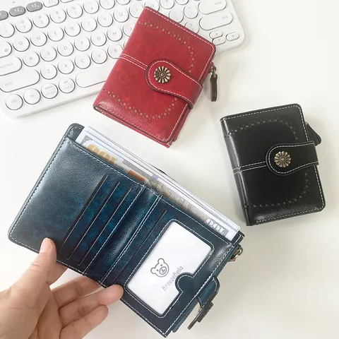 Women's Vintage PU Leather Short Wallet With Retro Daisy Metal Buckle Hollow Out Zipper Coin Purse Multi Card Slots Cardholder