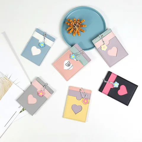 Women PU Leather Card Holder Heart Shape Window Flower Pendant Fashion Small Wallet Credit ID Card Case Multi Slot Holder