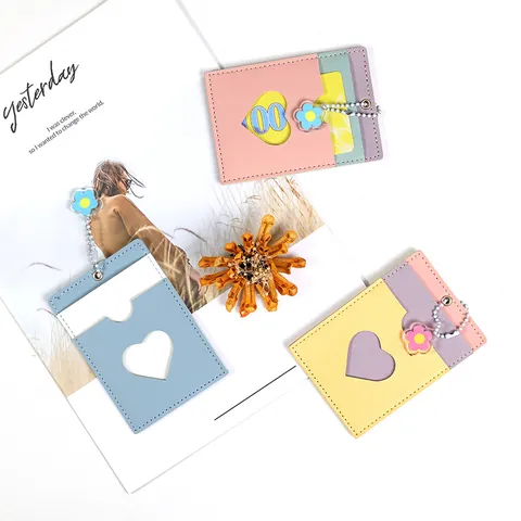 Women PU Leather Card Holder Heart Shape Window Flower Pendant Fashion Small Wallet Credit ID Card Case Multi Slot Holder