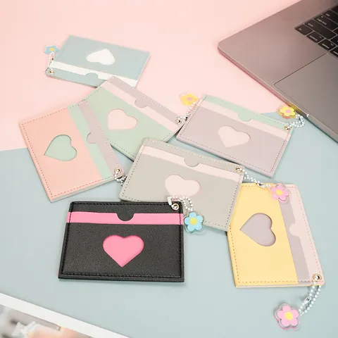 Women PU Leather Card Holder Wallet Heart Cutout ID Window Flower Pendant Macaron Color Slim Multi Slot Credit Card Case
