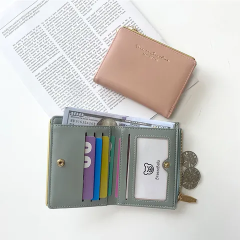 Women's Minimalist PU Leather Short Wallet With Zipper Elegant Macaron Color Card Holder And Coin Purse For Daily Use