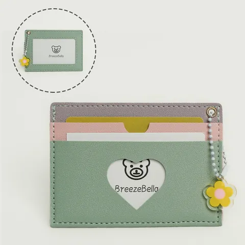 Women PU Leather Card Holder Wallet Heart Cutout ID Window Flower Pendant Macaron Color Slim Multi Slot Credit Card Case