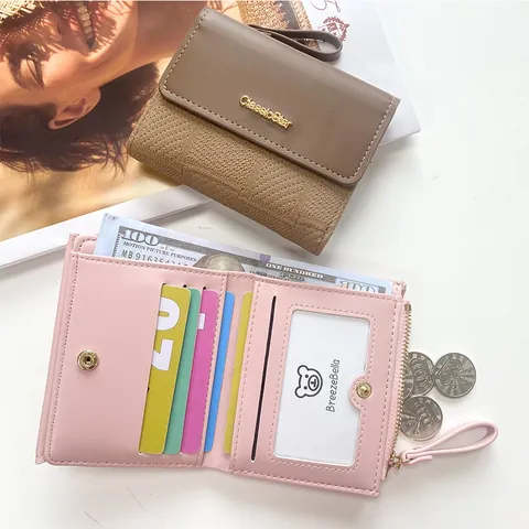 Damen Kleines Portemonnaie PU-Leder Stitching Gewebte Textur Reißverschluss Faltbar Geldbeutel Mit Handschlaufe Hochwertiger Kartenhalter