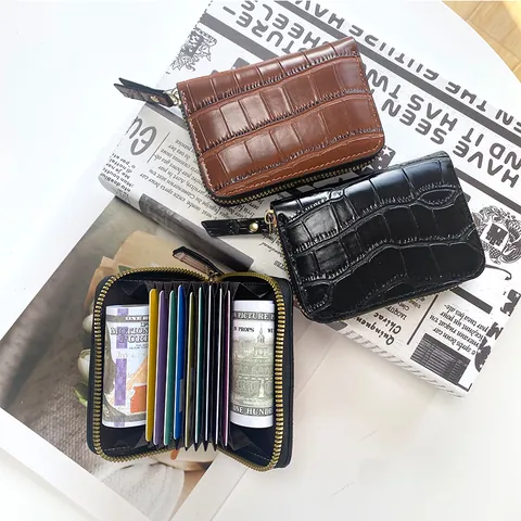 Mini Porte-cartes en Cuir PU à Motif Crocodile Vintage Portefeuille à Fermeture Éclair RFID Bloquant pour Hommes Femmes