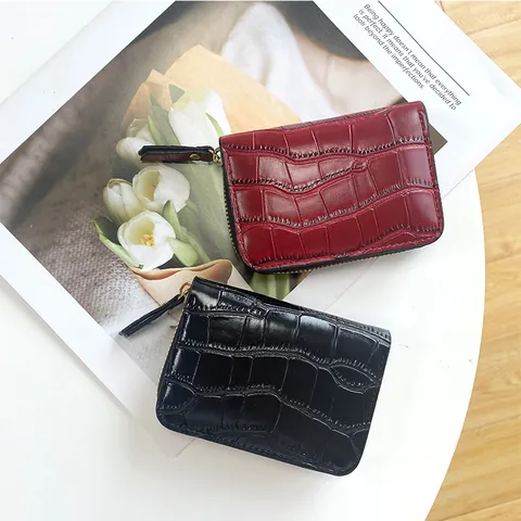 Mini Porte-cartes en Cuir PU à Motif Crocodile Vintage Portefeuille à Fermeture Éclair RFID Bloquant pour Hommes Femmes