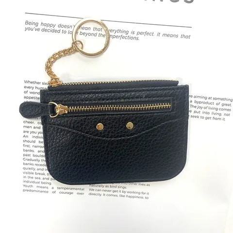 Mini Monedero de Cuir PU Grano de Lichi para Mujer Estilo Moto con Tachuelas Cartera Corta Portatarjetas con Llavero
