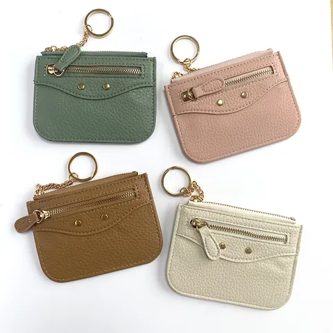 Mini Monedero de Cuir PU Grano de Lichi para Mujer Estilo Moto con Tachuelas Cartera Corta Portatarjetas con Llavero