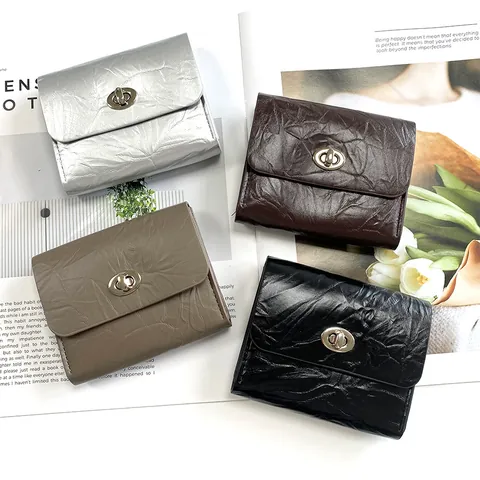 Vintage Crinkle PU Leather Wallet For Women Mini Card Holder With Metal Swivel Lock Small Square Coin Purse Lipstick Bag