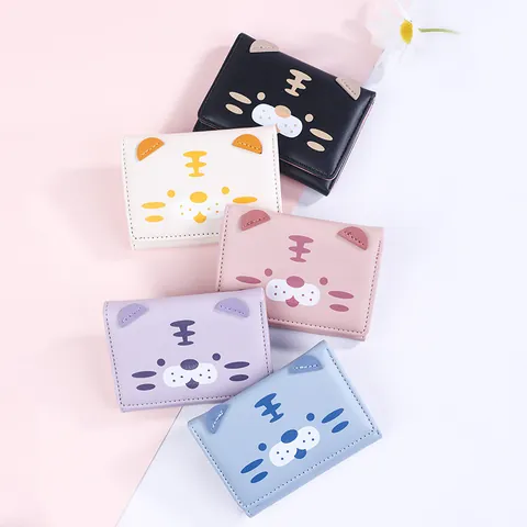 Women Cute Cartoon Tiger Printed PU Leather Wallet Mini Tri-Fold Coin Purse Multi-Card Slot Small Money Clip Gift