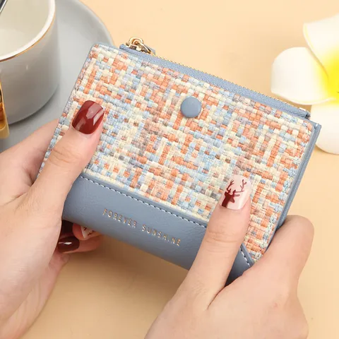 Damen Kurze Geldbörse Mode Gewebt PU Leder Patchwork Zweifach Gefaltet Beutel Mit Reißverschluss Münzfach Und Kartenfächern Lässig Damen Portemonnaie