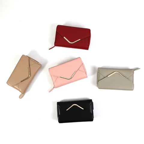 Women Envelope Wallet Minimalist PU Leather Card Holder With Zipper V-Shaped Metal Decor Elegant Lady Clutch Wallet