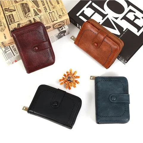 Cartera Vintage de Cuero PU para Mujer Bloqueo RFID Gran Capacidad Hueco Láser Cremallera Botón Monedero Corto Tarjetero Bolsa de Dinero