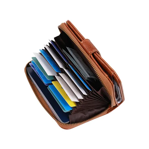 Cartera Vintage de Cuero PU para Mujer Bloqueo RFID Gran Capacidad Hueco Láser Cremallera Botón Monedero Corto Tarjetero Bolsa de Dinero
