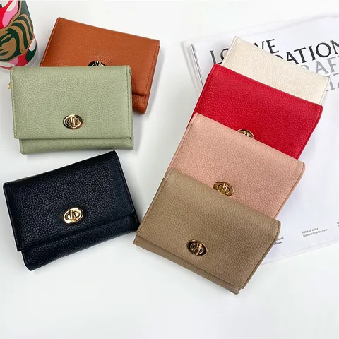 Portafoglio da Donna Giapponese Minimalista Piccolo Triplo Motivo Litchi in Pelle PU Porta Carte Con Chiusura a Girello