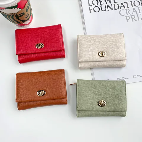 Portafoglio da Donna Giapponese Minimalista Piccolo Triplo Motivo Litchi in Pelle PU Porta Carte Con Chiusura a Girello