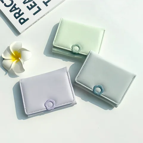 Petit Portefeuille en Cuir PU à Trois Volets pour Femmes Avec Bouton Pression Fleur Porte-Cartes de Mode pour Dames