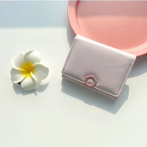 Petit Portefeuille en Cuir PU à Trois Volets pour Femmes Avec Bouton Pression Fleur Porte-Cartes de Mode pour Dames