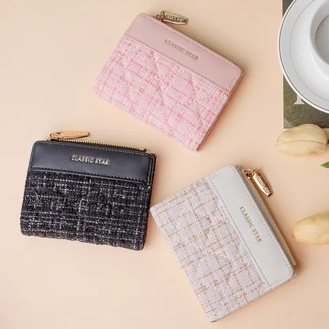 Damen Kurze Tweed-Patchwork PU-Leder Geldbörse Gesteppte Reißverschluss Münztasche Kleiner Kartenhalter Organizer Für Mädchen