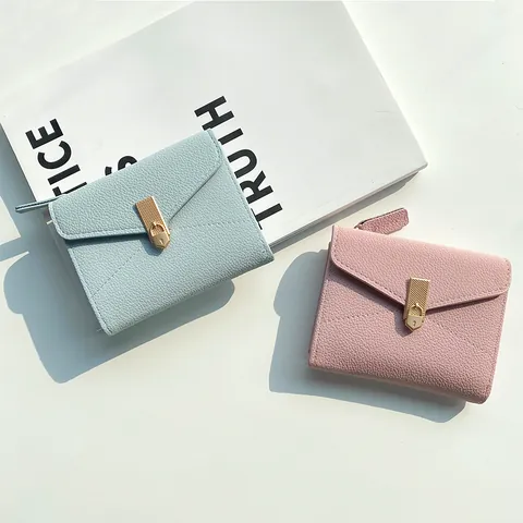 Women Fashion Short Wallet Pebble Grain PU Leather Envelope Flap Purse Gold Lock Buckle Zipper Coin Pocket Card Holder Clutch