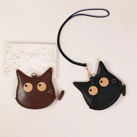 Portamonete a Forma di Gatto Cartone Animato per Donna in Pelle PU Mini Borsa per Carte con Cordino da Collo Custodia con Cerniera