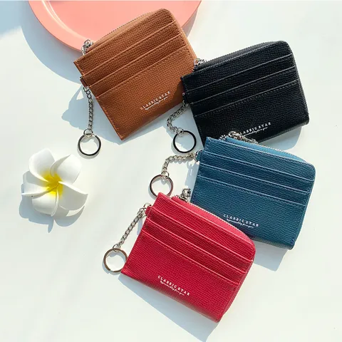 Portacarte da Donna Minimalista in Pelle PU Con Portachiavi Slot Multipli Chiusura a Zip a L Portamonete Piccolo Portafoglio