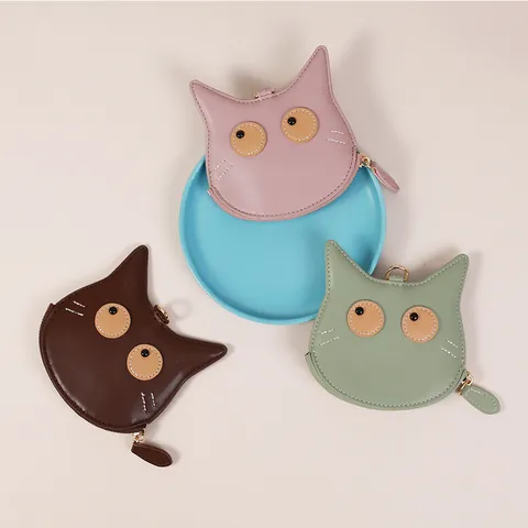 Portamonete a Forma di Gatto Cartone Animato per Donna in Pelle PU Mini Borsa per Carte con Cordino da Collo Custodia con Cerniera
