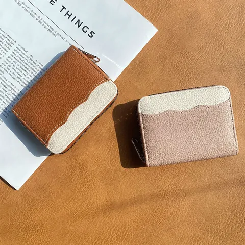 Portamonete da Donna Minimalista in Pelle PU a Grana Litchi Bordo a Festone Colore a Contrasto Portacarte Piccolo Portafoglio con Cerniera