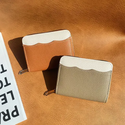 Portamonete da Donna Minimalista in Pelle PU a Grana Litchi Bordo a Festone Colore a Contrasto Portacarte Piccolo Portafoglio con Cerniera