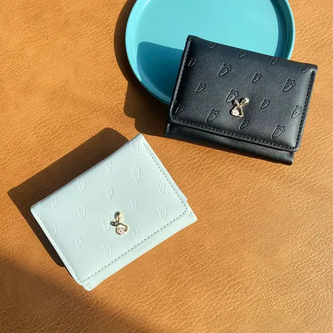 Cute Cartoon Rabbit Metal Buckle Short Wallet Carrot Embossed PU Leather Trifold Purse Card Holder For Women Girls