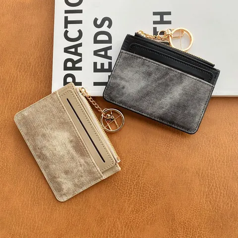 Women's Slim PU Leather Card Holder Wallet With Zipper Coin Purse And Keyring Retro Washed Texture Portable Card Case